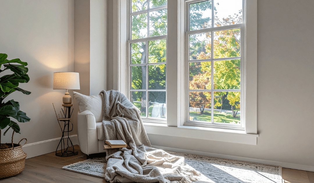 Cozy corner with a white armchair draped in a gray blanket by large sunny windows. A lamp, potted plant, and book create a warm, inviting atmosphere.